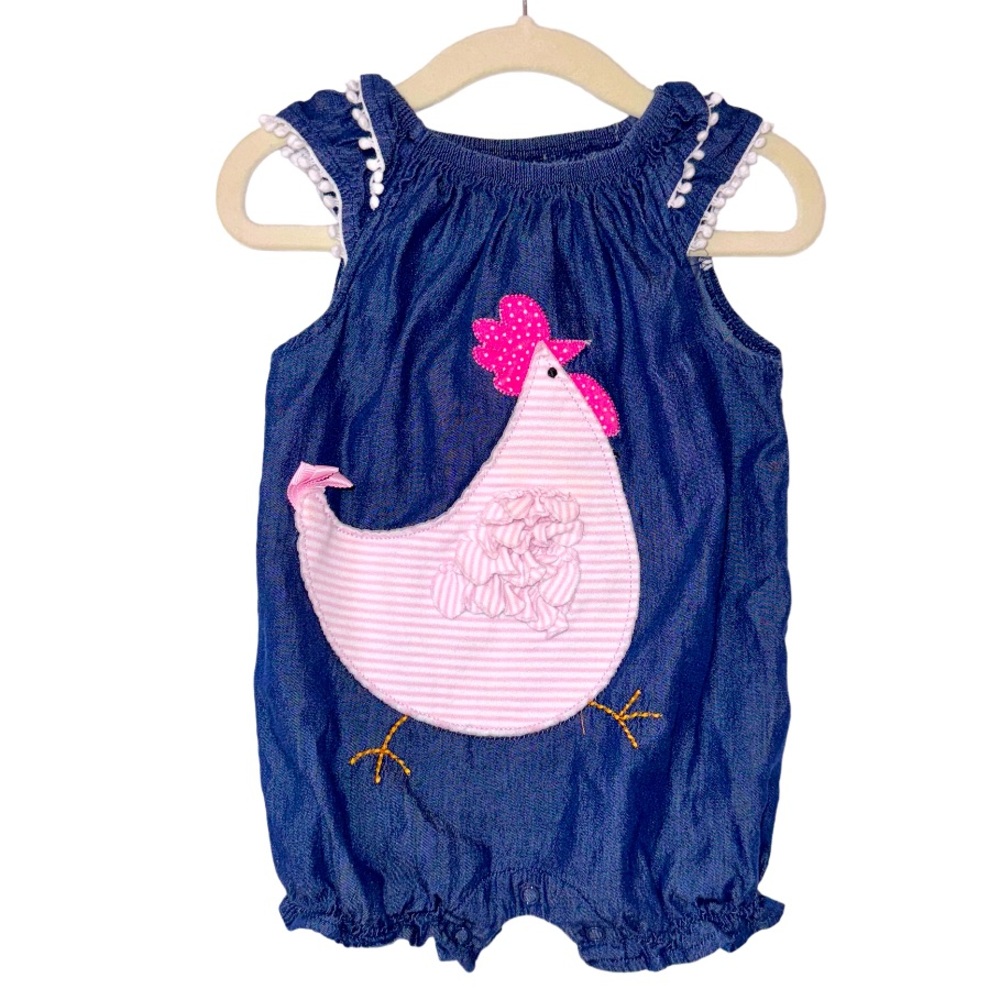 MUD PIE girls chicken appliqué romper baby size 9-12 M 9m 12m